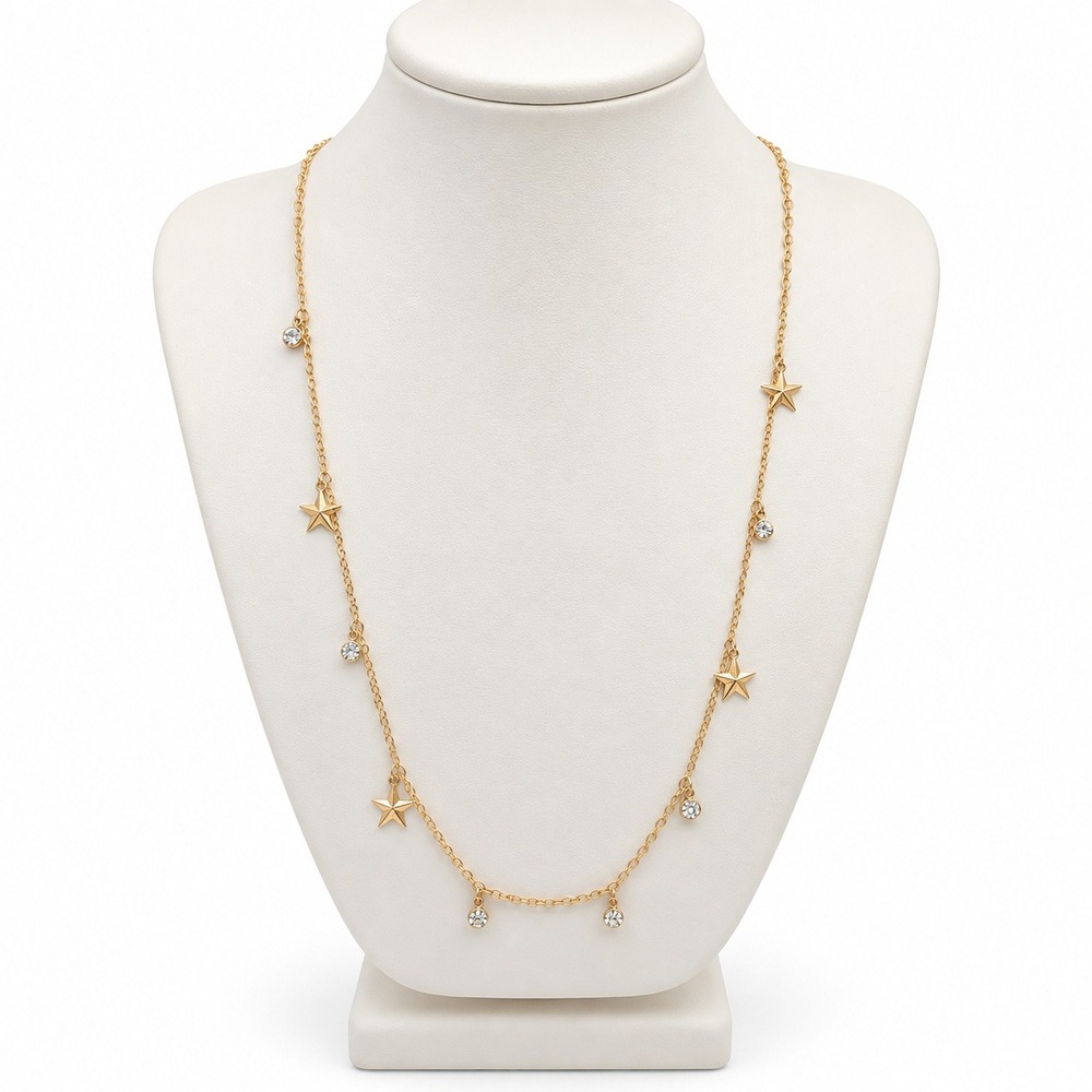 Dainty Gold Tone Star and CZ Station Necklace 27 Inch Adjustable Celestial